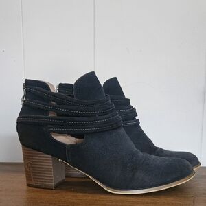 Women's Navy Blue Suede Cutout Ankle Booties with Stacked Heel